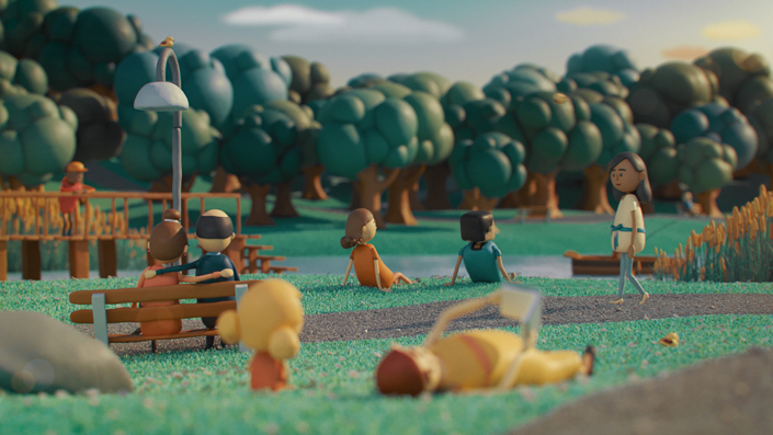 filmmotiv park Zwei Figuren aus Knete sitzen in einem Park aus Knete.