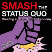 Eine gezeichnete lila Hand haut auf eine harte Oberfläche. Darüber steht "Smash the Status Quo"