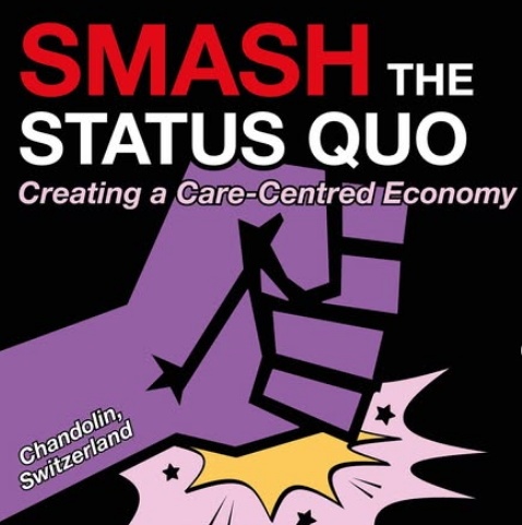 Eine gezeichnete lila Hand haut auf eine harte Oberfläche. Darüber steht "Smash the Status Quo"